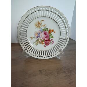 Vintage Reticulated Porcelain Plate 9” Floral Gold Trim Bavaria Germany